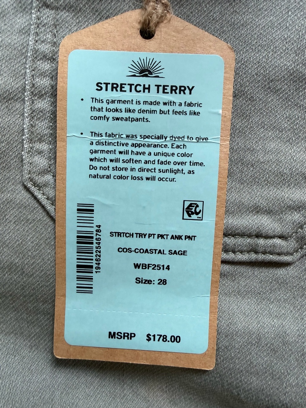 Faherty Stretch Terry Patch Pocket Ankle Pant- Coastal Sage. Size 28 - Picture 2 of 5